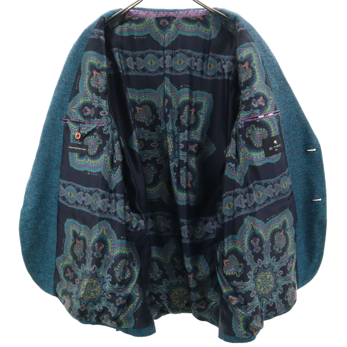ETRO エトロ イタリア製 リネンブレンド ヘリンボーン ネップ テーラードジャケット 54 ブルー系 ビッグサイズ メンズ