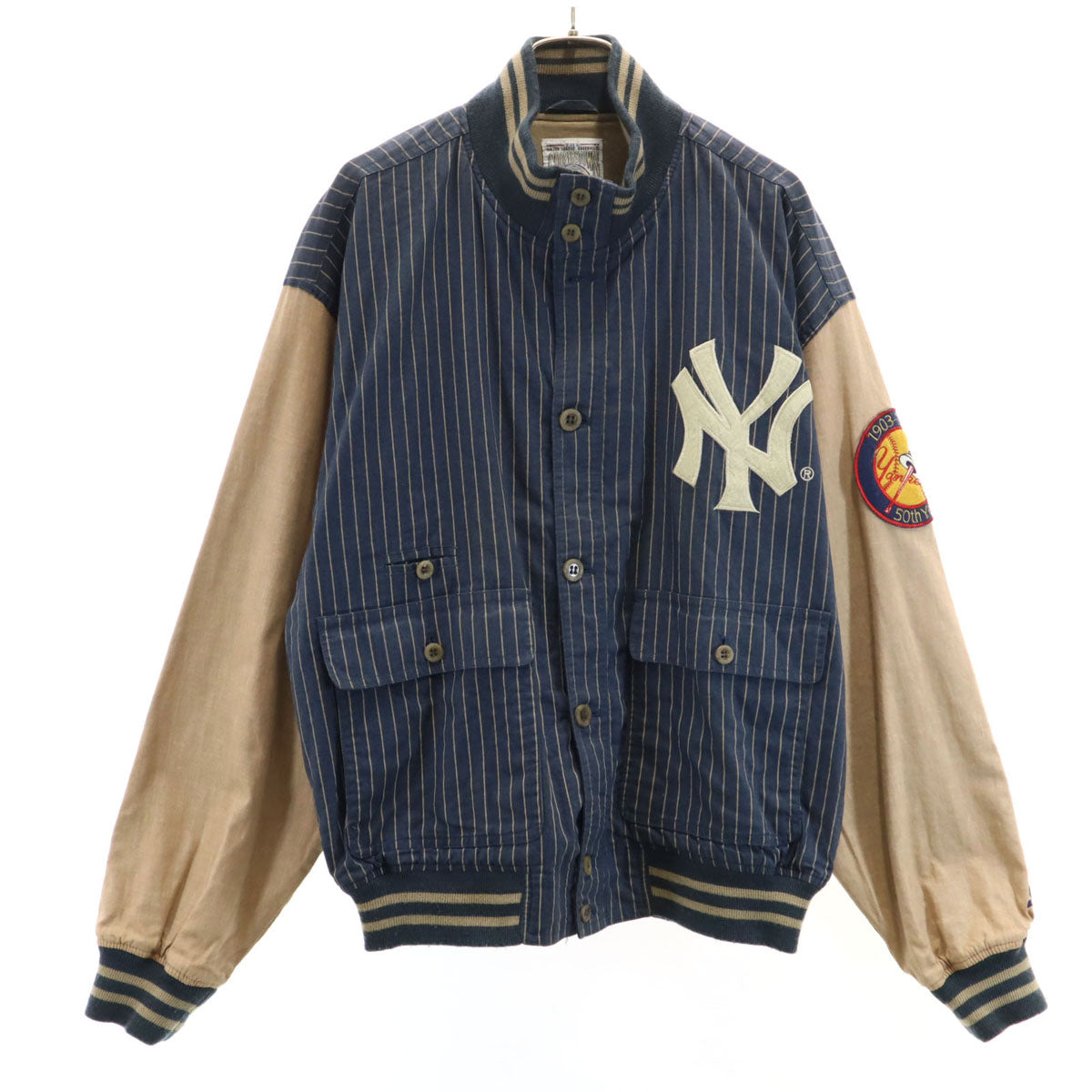 COOPERSTOWN クーパーズタウン コットンリネンブレンド ストライプ柄 ニューヨークヤンキース スタジャン M ネイビー系 バック刺繍 メンズ