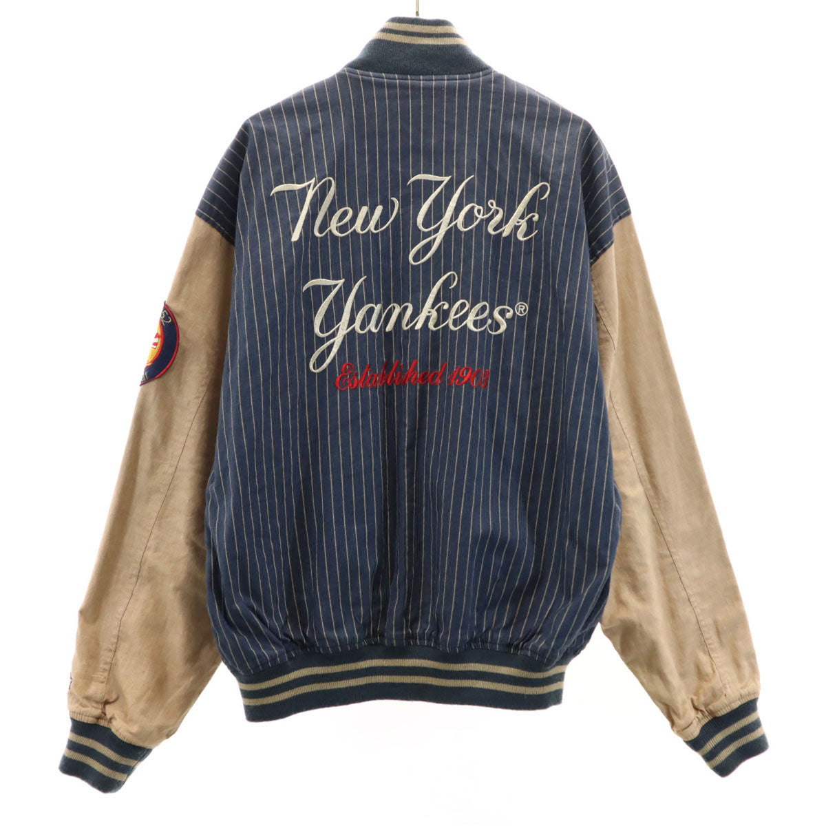 COOPERSTOWN クーパーズタウン コットンリネンブレンド ストライプ柄 ニューヨークヤンキース スタジャン M ネイビー系 バック刺繍 メンズ