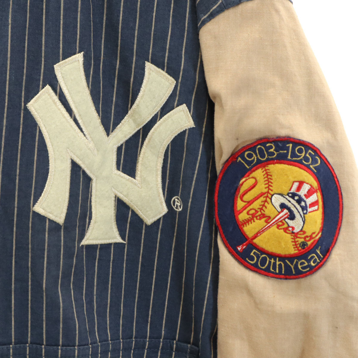 COOPERSTOWN クーパーズタウン コットンリネンブレンド ストライプ柄 ニューヨークヤンキース スタジャン M ネイビー系 バック刺繍 メンズ