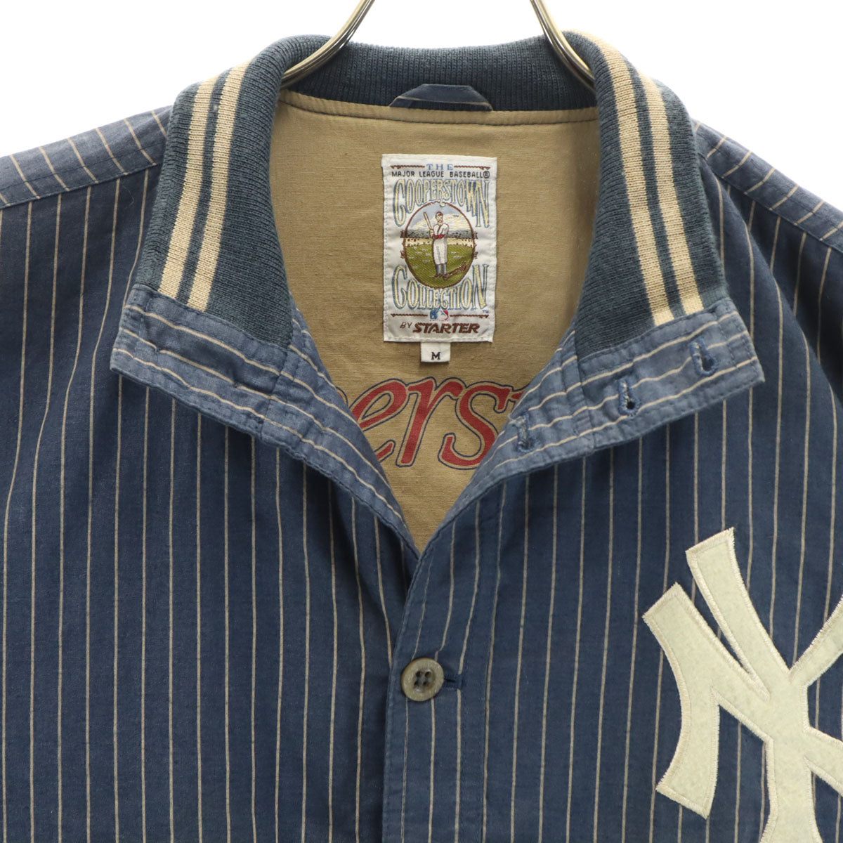 COOPERSTOWN クーパーズタウン コットンリネンブレンド ストライプ柄 ニューヨークヤンキース スタジャン M ネイビー系 バック刺繍 メンズ