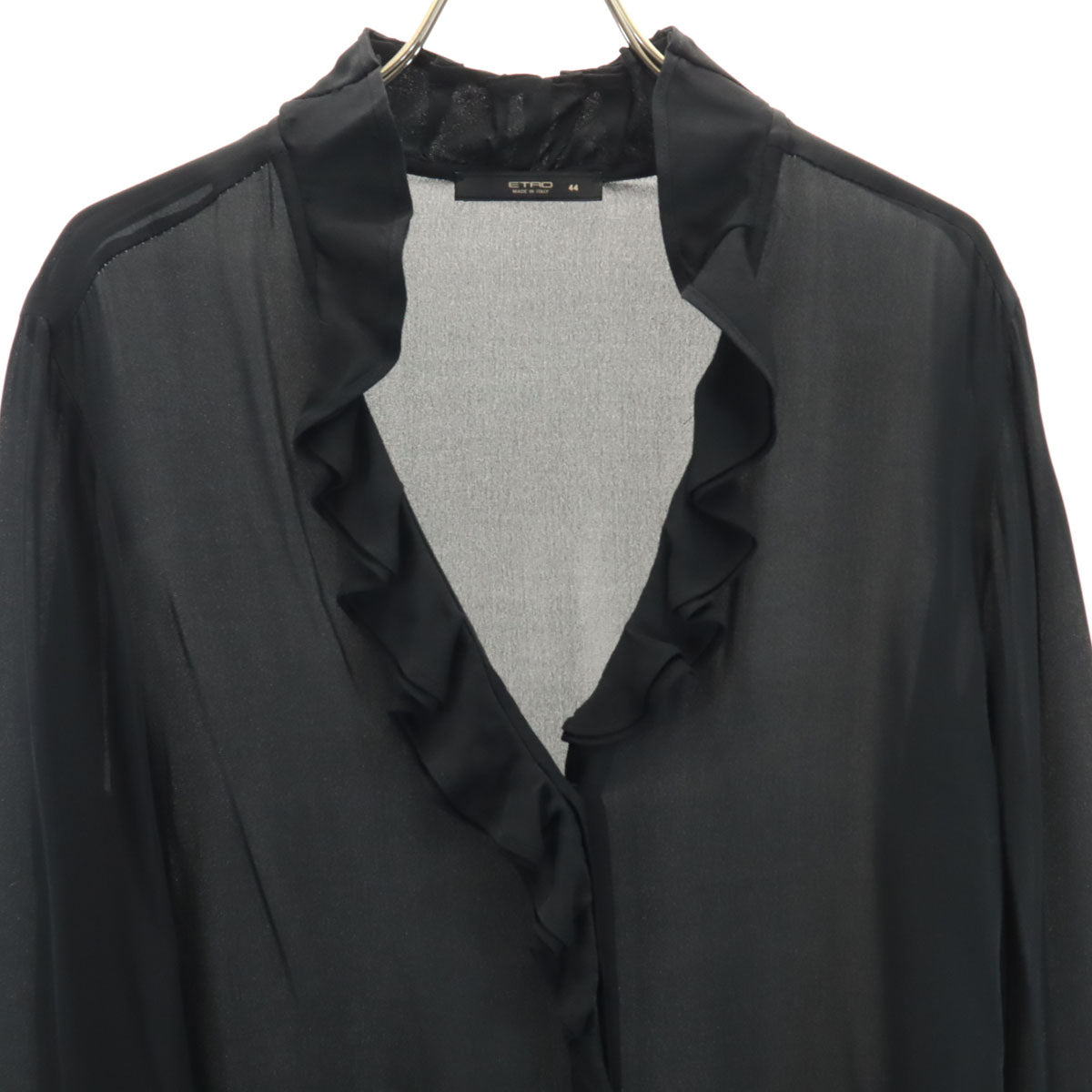 ETRO エトロ イタリア製 シルク 長袖 シアー フリル ブラウス 44 ブラック シャツ レディース