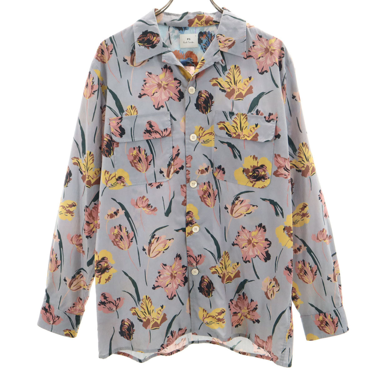 PS Paul Smith ピーエスポールスミス 日本製 花柄 長袖 オープンカラーシャツ L パーブルグレー メンズ