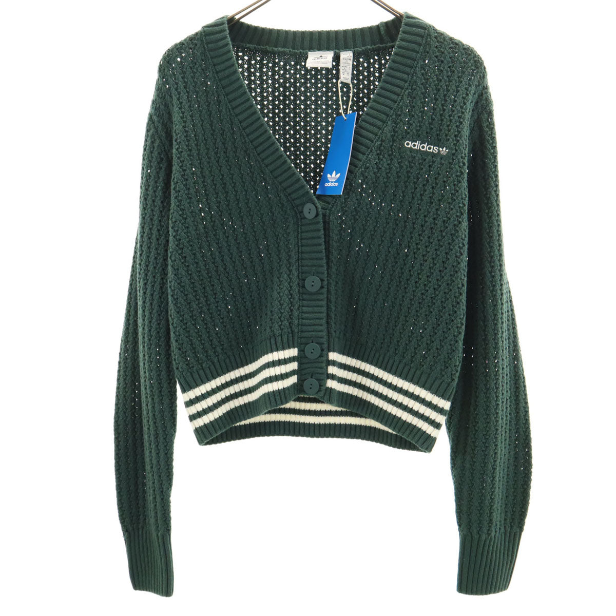 未使用 adidas Originals アディダスオリジナルス トレフォイルロゴ 長袖 Vネック ニットカーディガン L 深緑 レディース