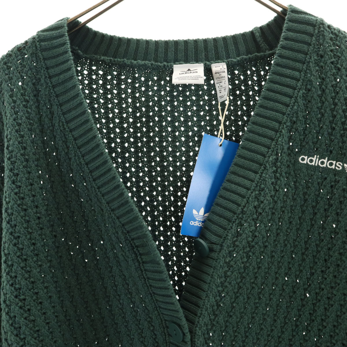 未使用 adidas Originals アディダスオリジナルス トレフォイルロゴ 長袖 Vネック ニットカーディガン L 深緑 レディース