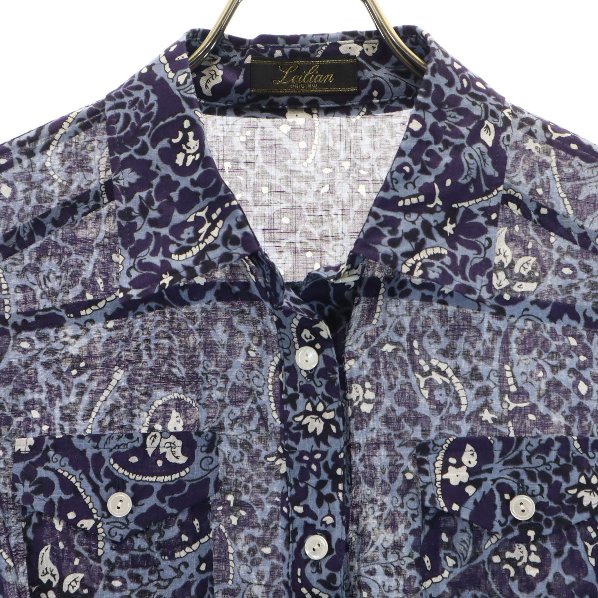 Leilian レリアン リネンブレンド 日本製 総柄 長袖 シャツ 11 ネイビー レディース