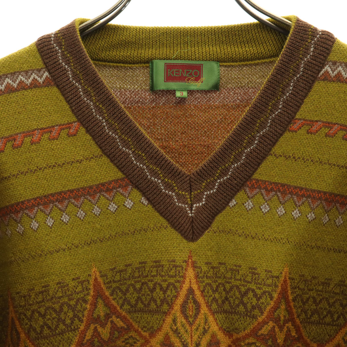 KENZO GOLF ケンゾーゴルフ 90s ウール オールド 総柄 長袖 Vネック セーター 3 ブラウン系 ニット メンズ