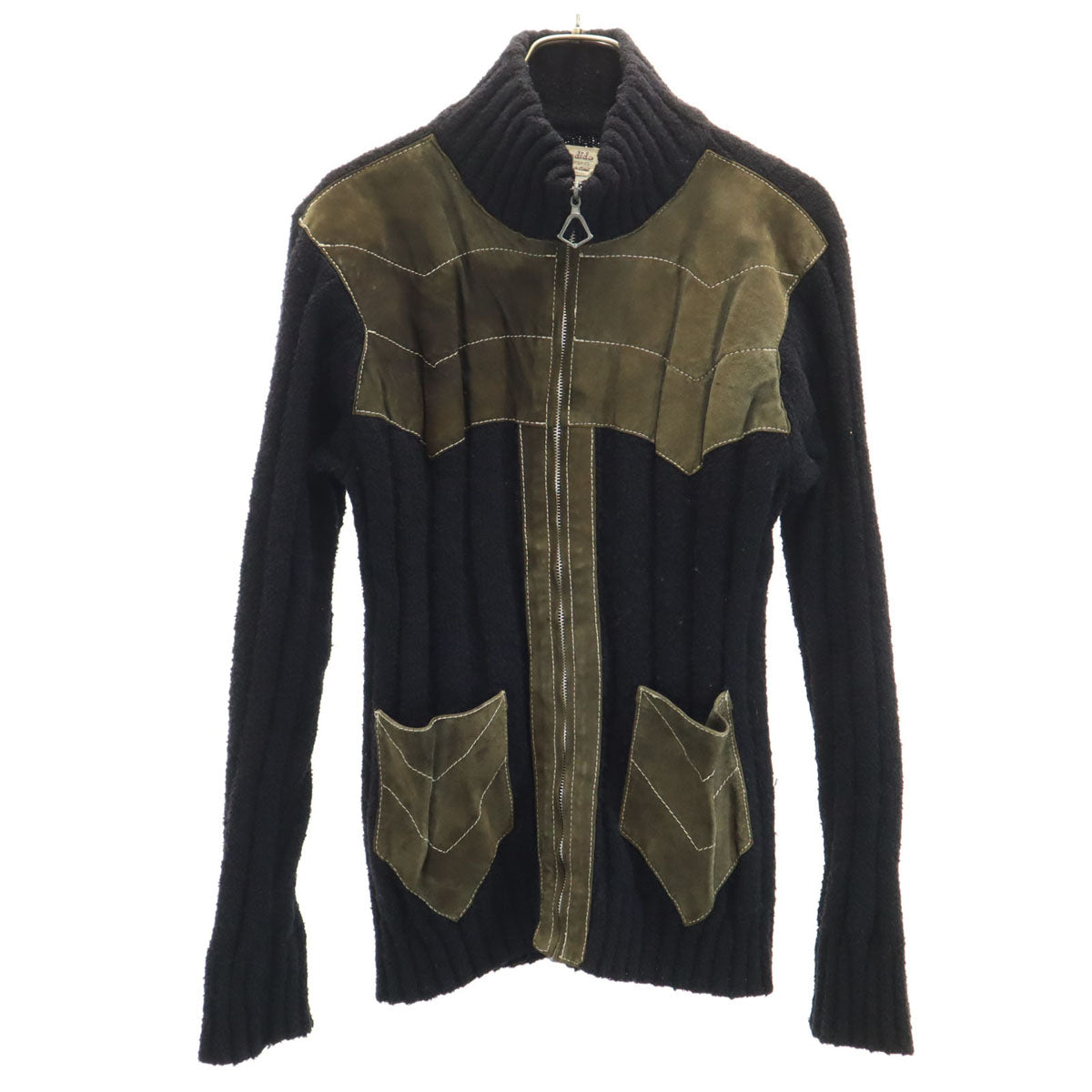 nc candido 70s イタリア製 ヴィンテージ 本革レザー切替 ニットジャケット M ブラック メンズ