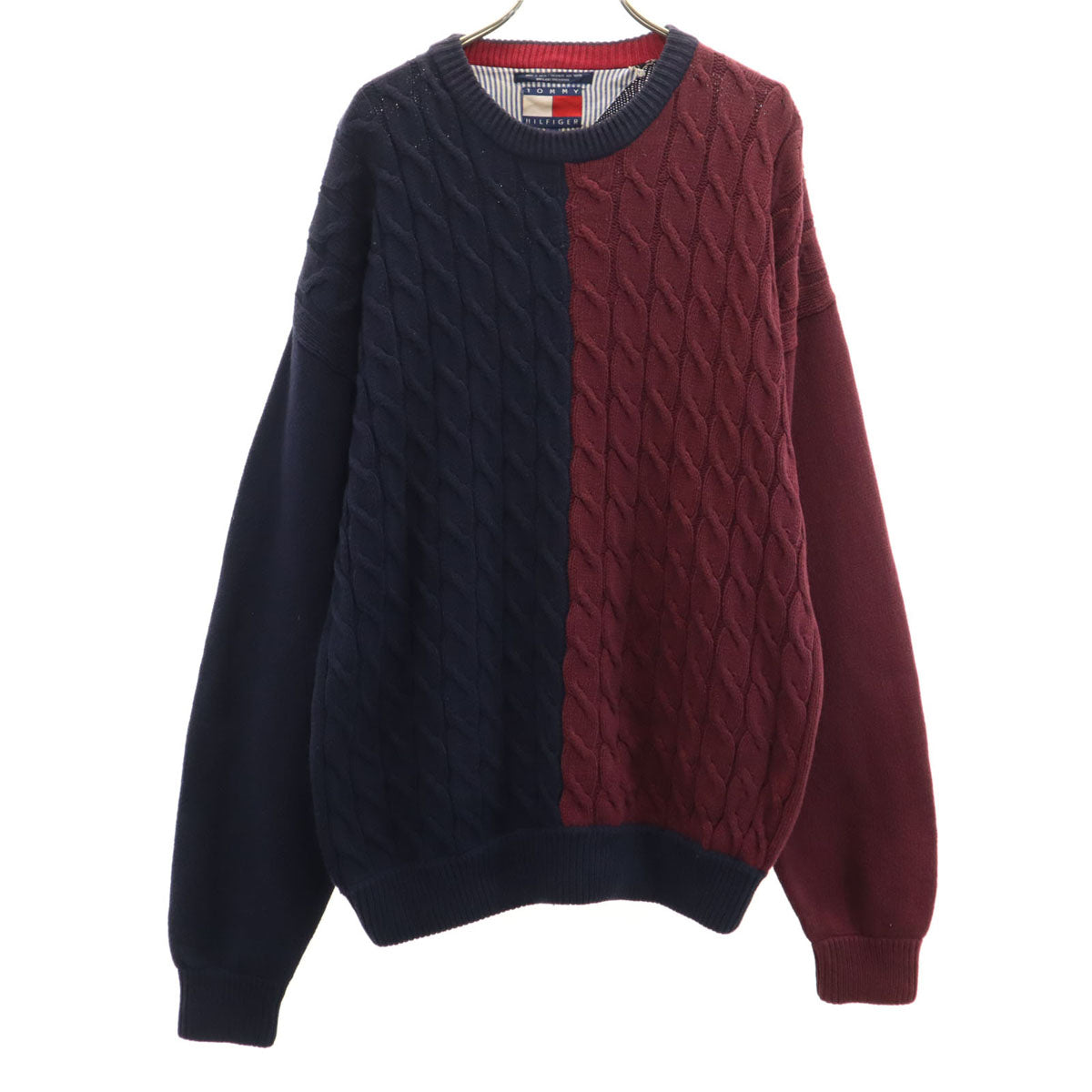 TOMMY HILFIGER トミーヒルフィガー 90s オールド フラッグタグ 長袖 ケーブル ニット L ネイビー セーター メンズ