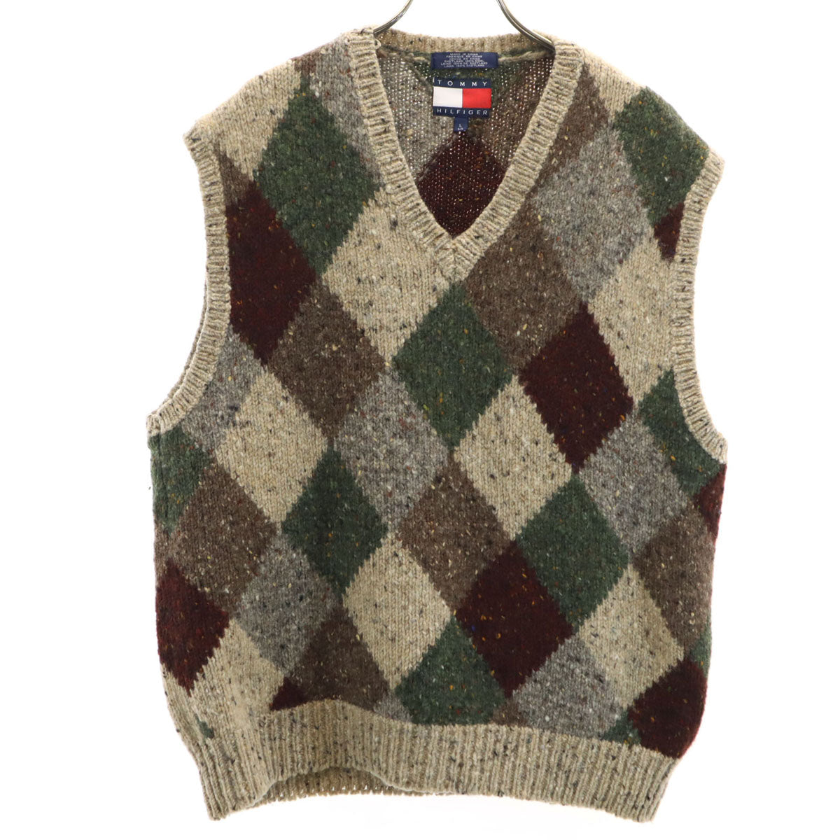 TOMMY HILFIGER トミーヒルフィガー 90s オールド フラッグタグ アーガイル柄 Vネック ニットベスト L ベージュ メンズ