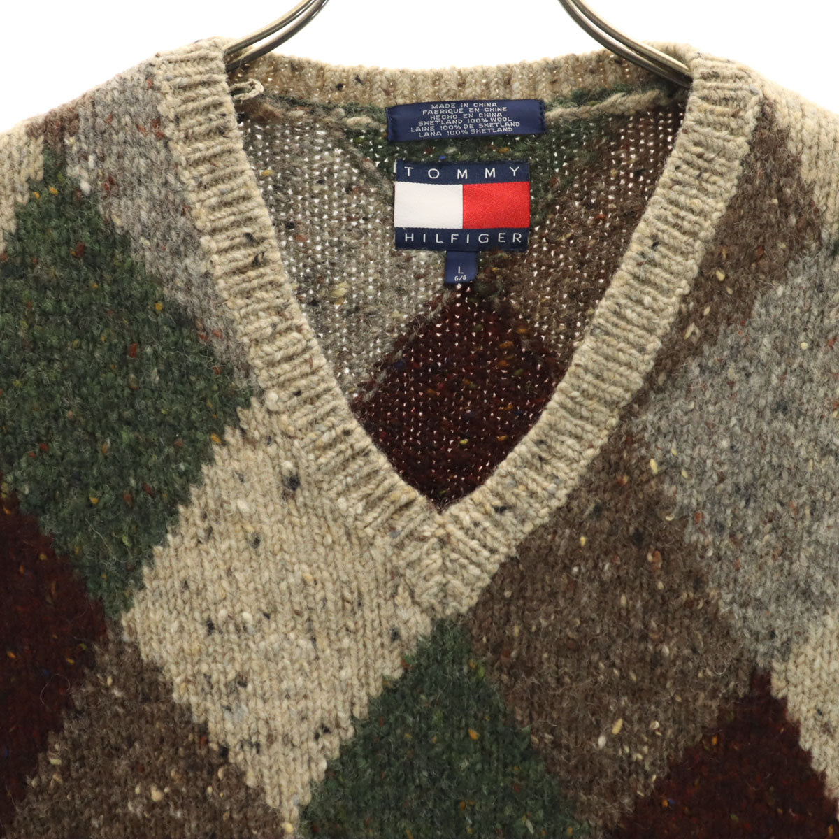 TOMMY HILFIGER トミーヒルフィガー 90s オールド フラッグタグ アーガイル柄 Vネック ニットベスト L ベージュ メンズ