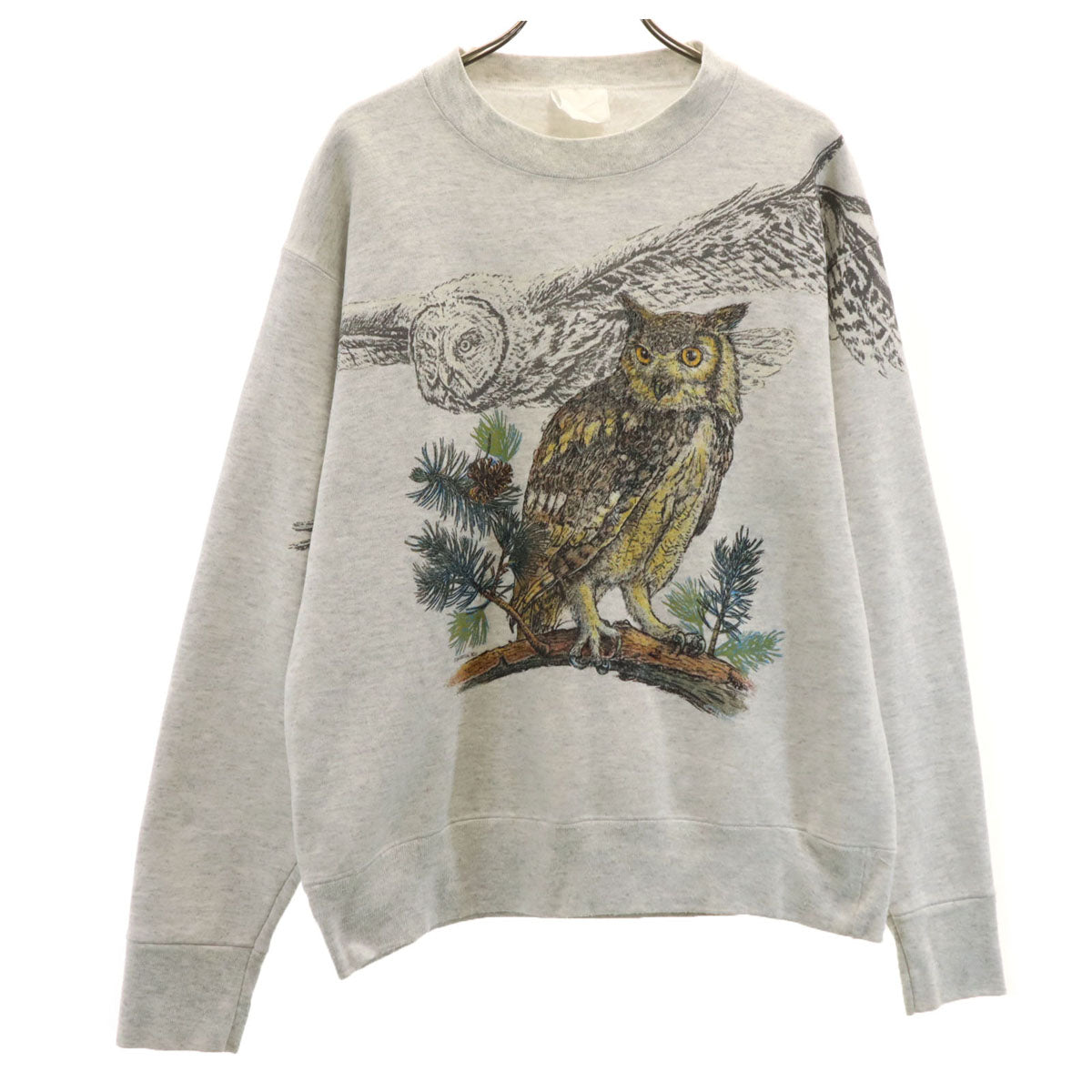 90s オールド 長袖 スウェット トレーナー グレー 裏起毛 フクロウ メンズ