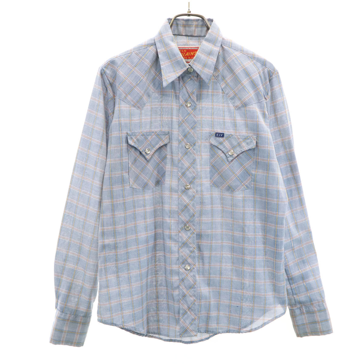 ELY PLAINS 70s 80s USA製 ヴィンテージ チェック柄 長袖 ウエスタンシャツ 11/12 ブルー系 メンズ