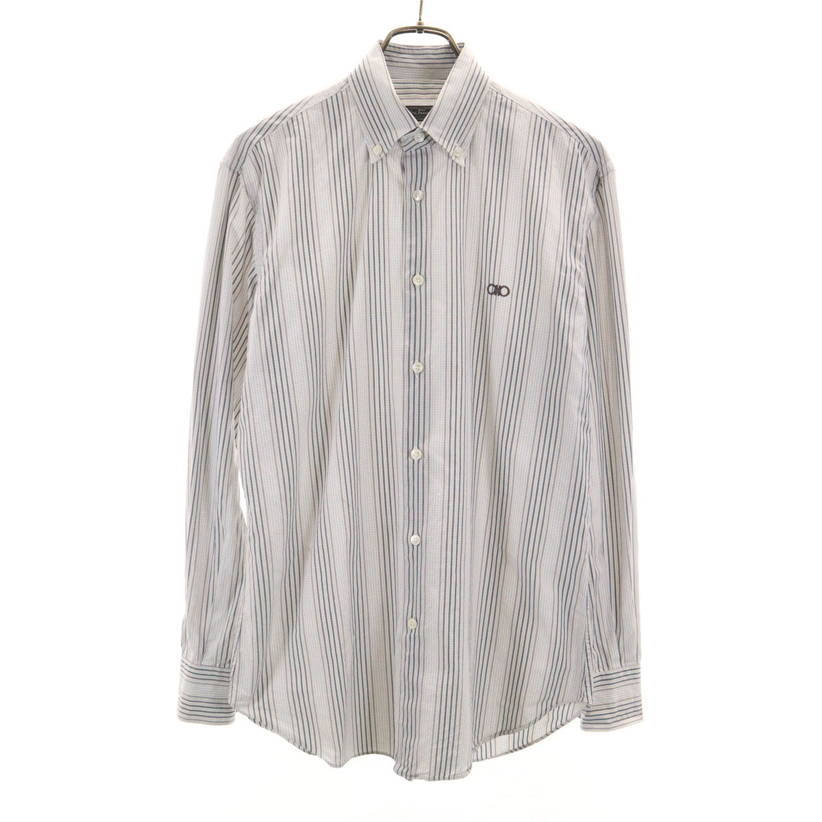 Salvatore Ferragamo サルヴァトーレフェラガモ イタリア製 チェック柄 長袖 ボタンダウンシャツ S ホワイト メンズ