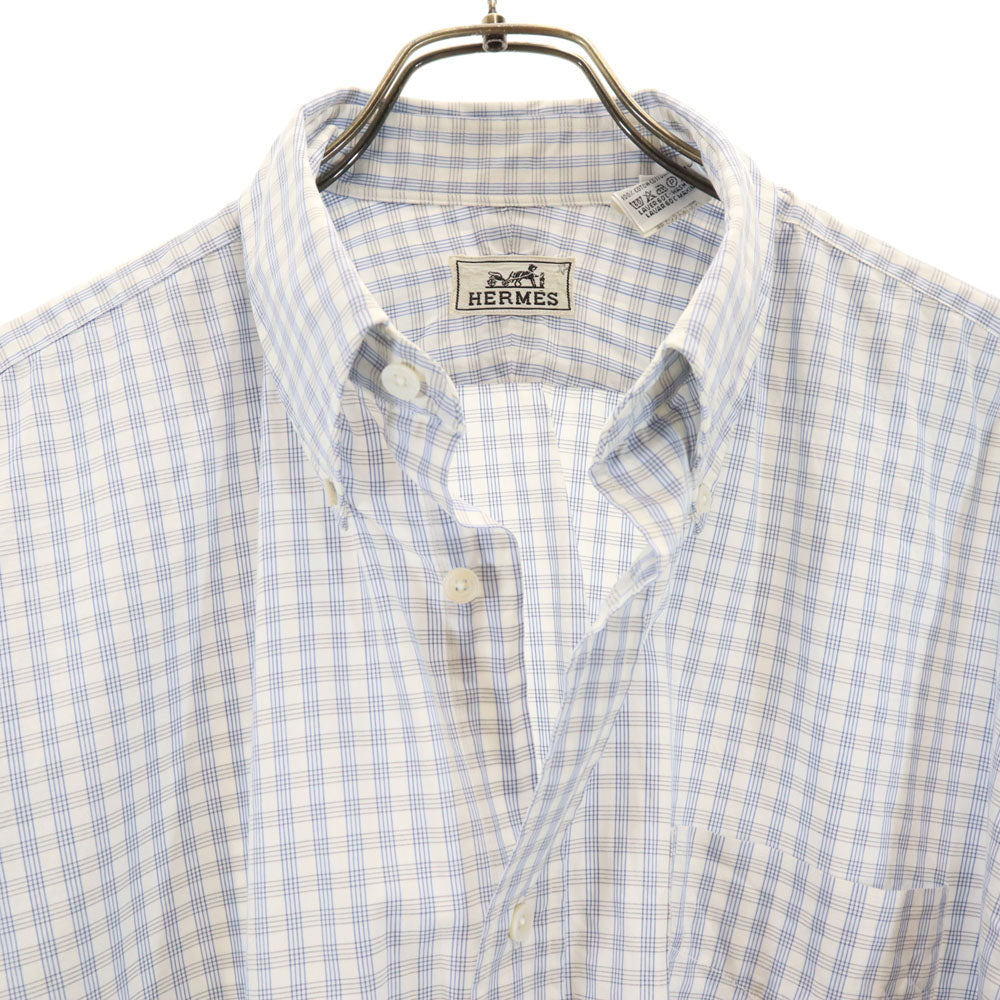 エルメス フランス製 チェック柄 長袖 ボタンダウンシャツ 42 ホワイト 他 HERMES メンズ