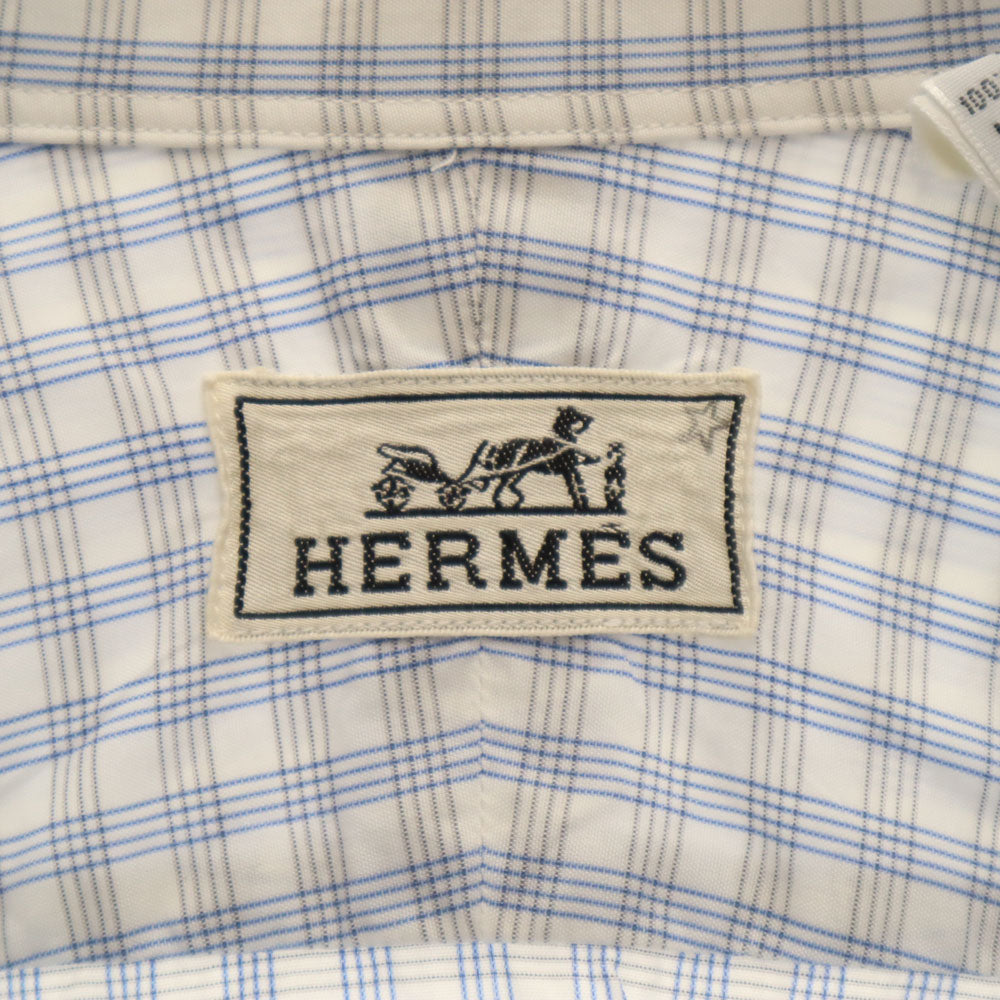 エルメス フランス製 チェック柄 長袖 ボタンダウンシャツ 42 ホワイト 他 HERMES メンズ