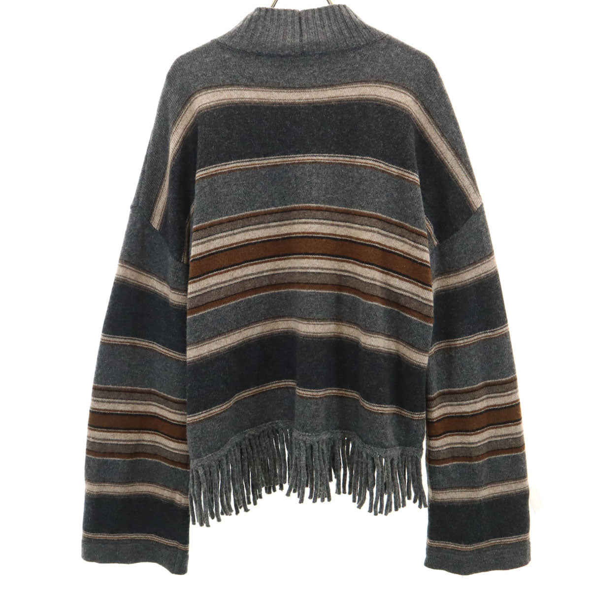 WEEKENDS ウィークエンド Max Mara ボーダー 長袖 裾フリンジ ハイネック セーター L グレー系 ニット メンズ