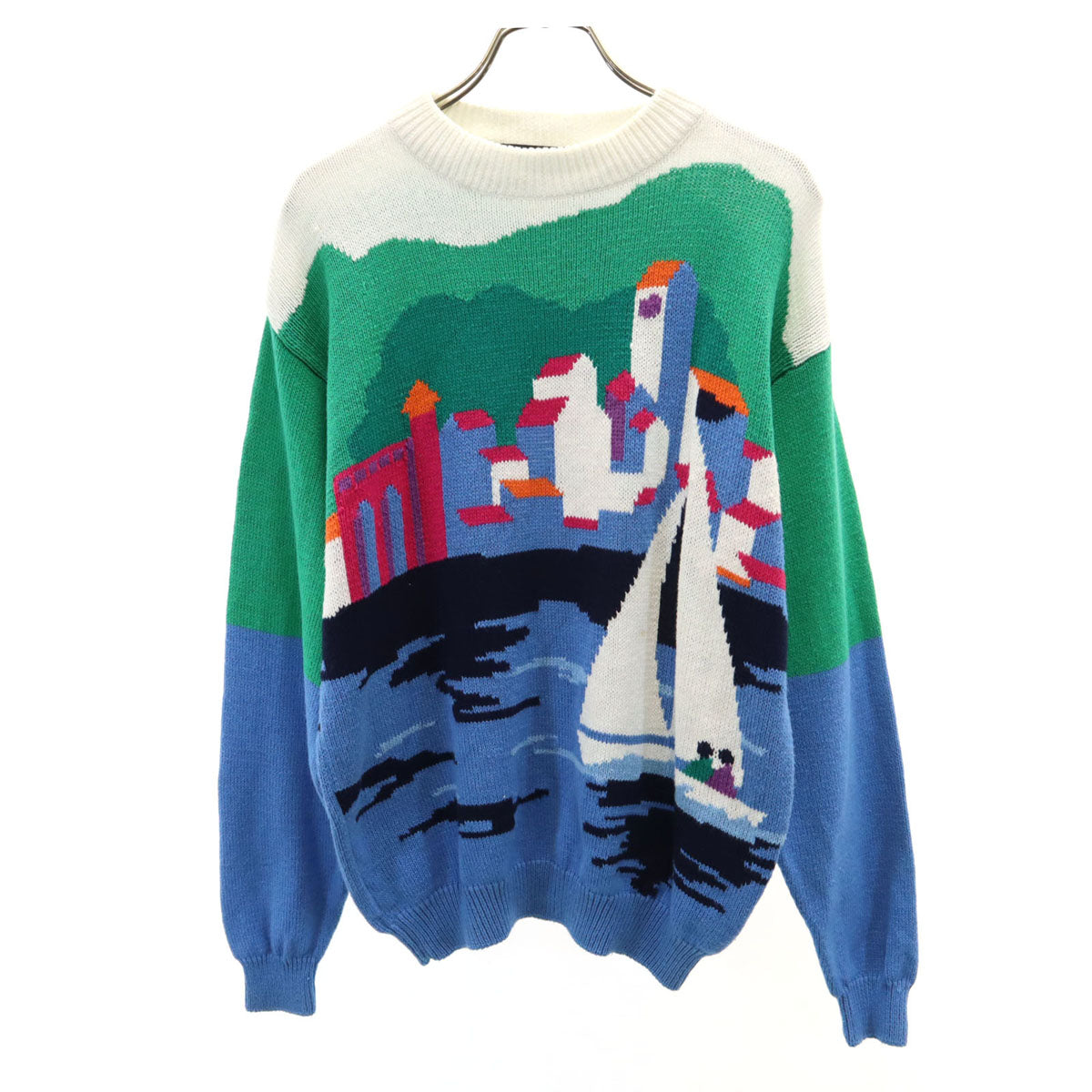 NAUTICA ノーティカ 90s オールド 総柄 長袖 セーター M 水色 ニット メンズ