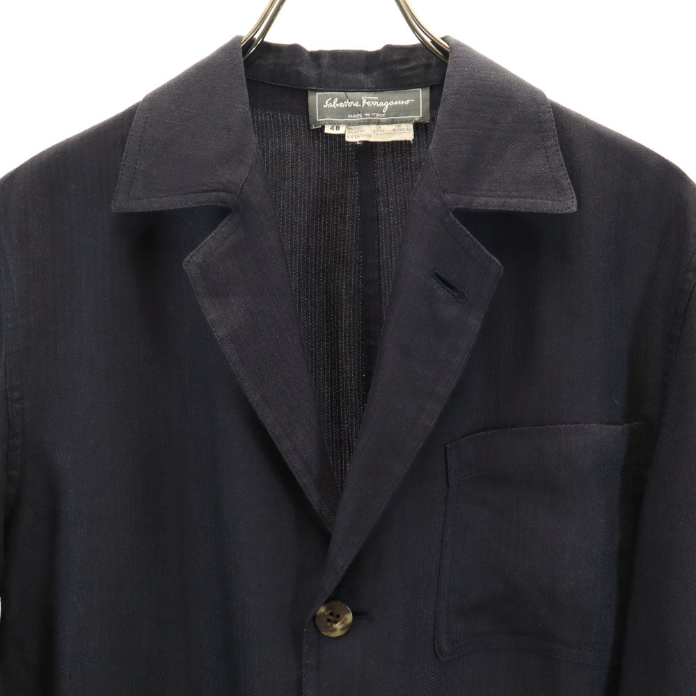 Salvatore Ferragamo サルヴァトーレフェラガモ 90s イタリア製 リネン オールド ヘリンボーン柄 テーラードジャケット 48 ネイビー ブレザー メンズ