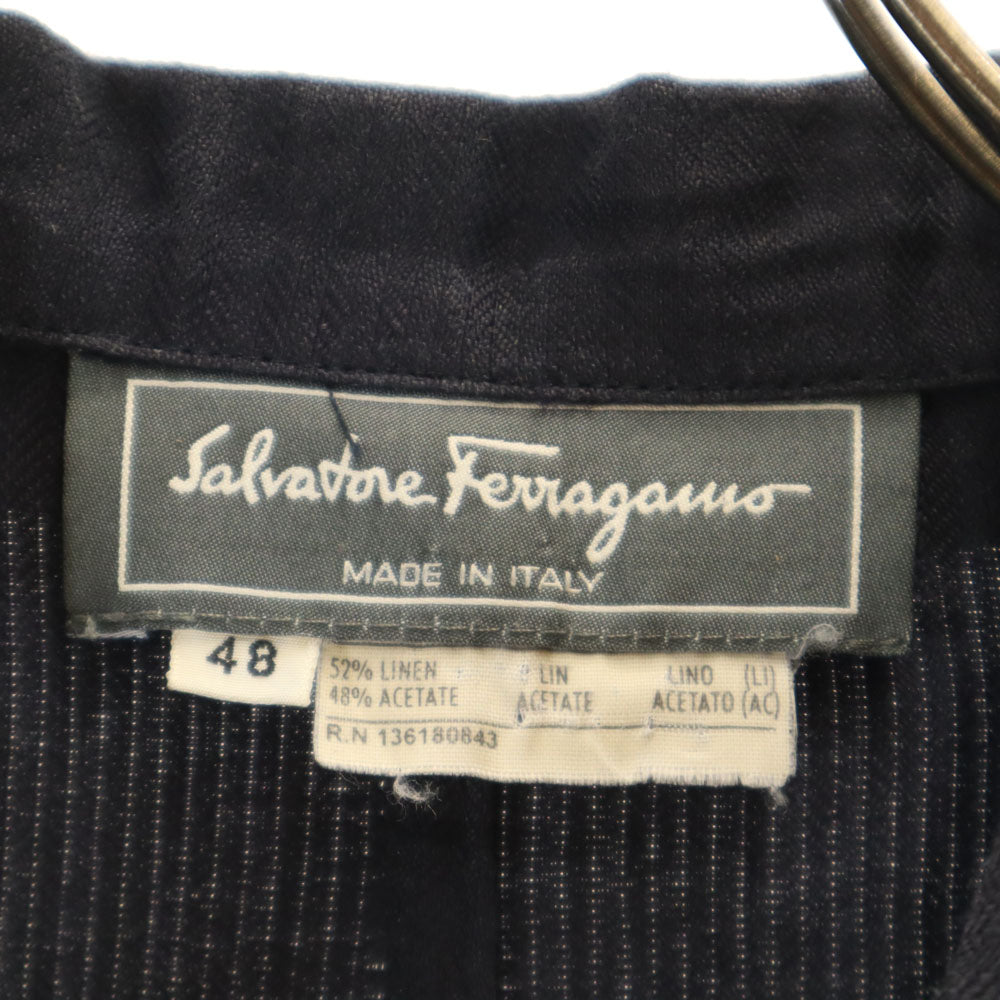 Salvatore Ferragamo サルヴァトーレフェラガモ 90s イタリア製 リネン オールド ヘリンボーン柄 テーラードジャケット 48 ネイビー ブレザー メンズ
