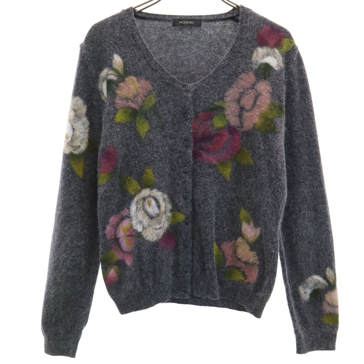 INGEBORG インゲボルグ 日本製 アンゴラブレンド 花柄 長袖 ニットカーディガン S グレー レディース