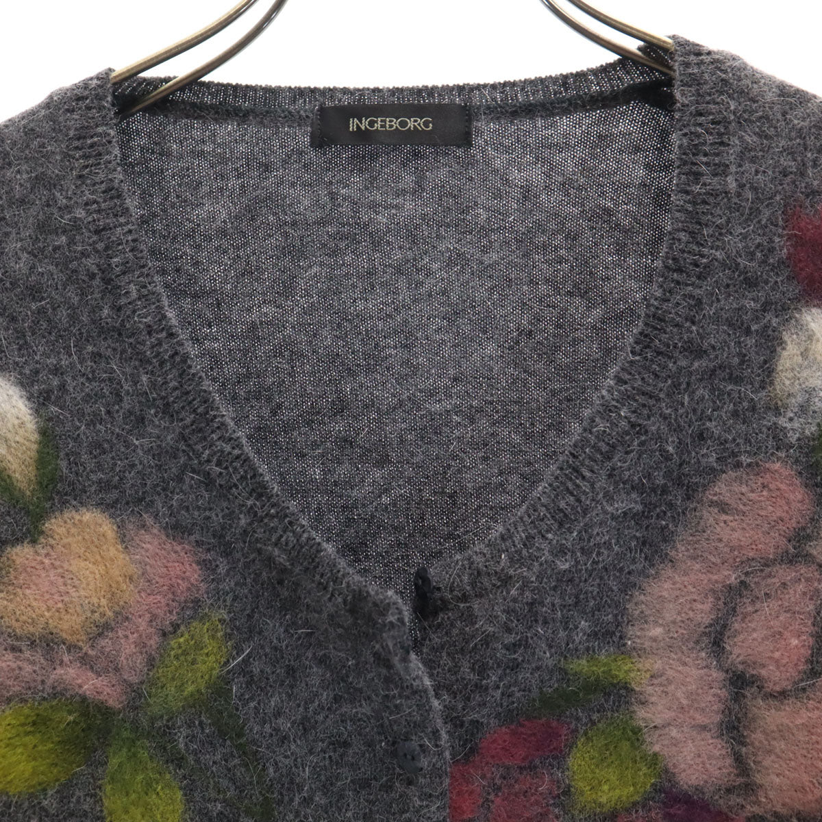 INGEBORG インゲボルグ 日本製 アンゴラブレンド 花柄 長袖 ニットカーディガン S グレー レディース