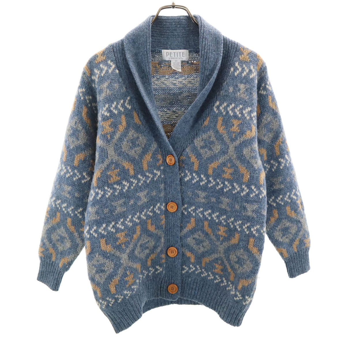 PETITE SOPHISTICATE 90s オールド 総柄 長袖 ショールカラー ニットカーディガン P ネイビー系 レディース