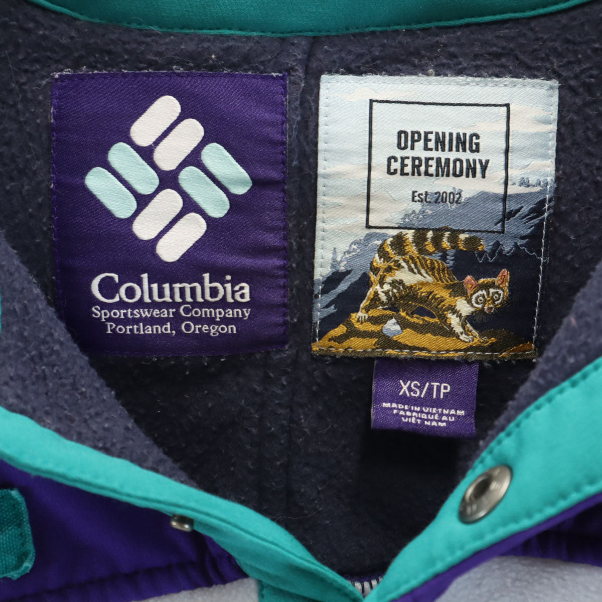 Columbia コロンビア オープニングセレモニー OPENING CEREMONY コラボ アニマル柄 長袖 フリース シャツ XS パープル アウトドア メンズ
