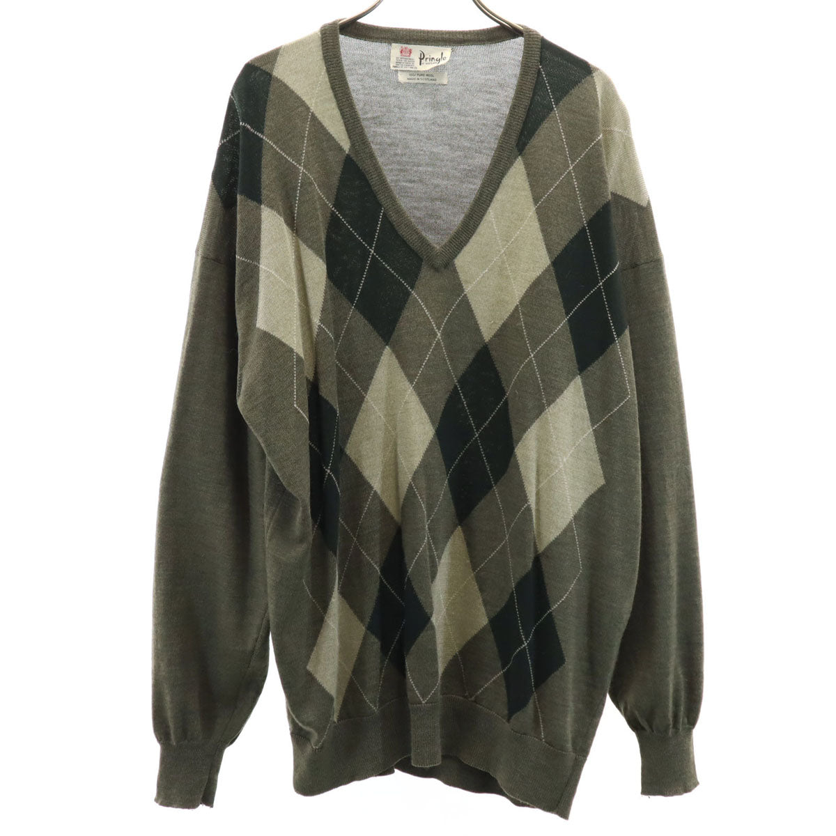 Pringle プリングル 70s ウール100% ヴィンテージ アーガイル柄 長袖 Vネック セーター L グリーン系 ニット メンズ