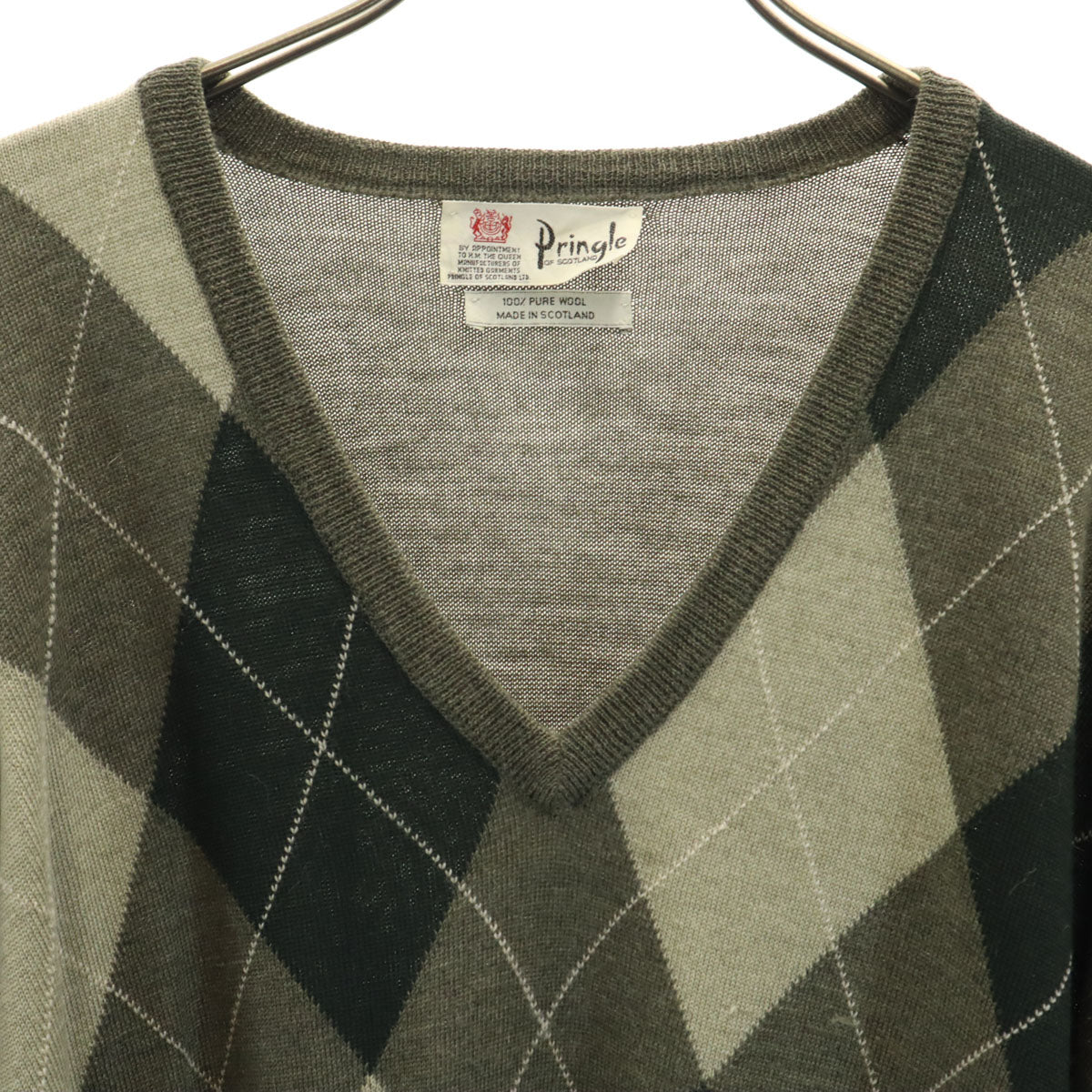 Pringle プリングル 70s ウール100% ヴィンテージ アーガイル柄 長袖 Vネック セーター L グリーン系 ニット メンズ
