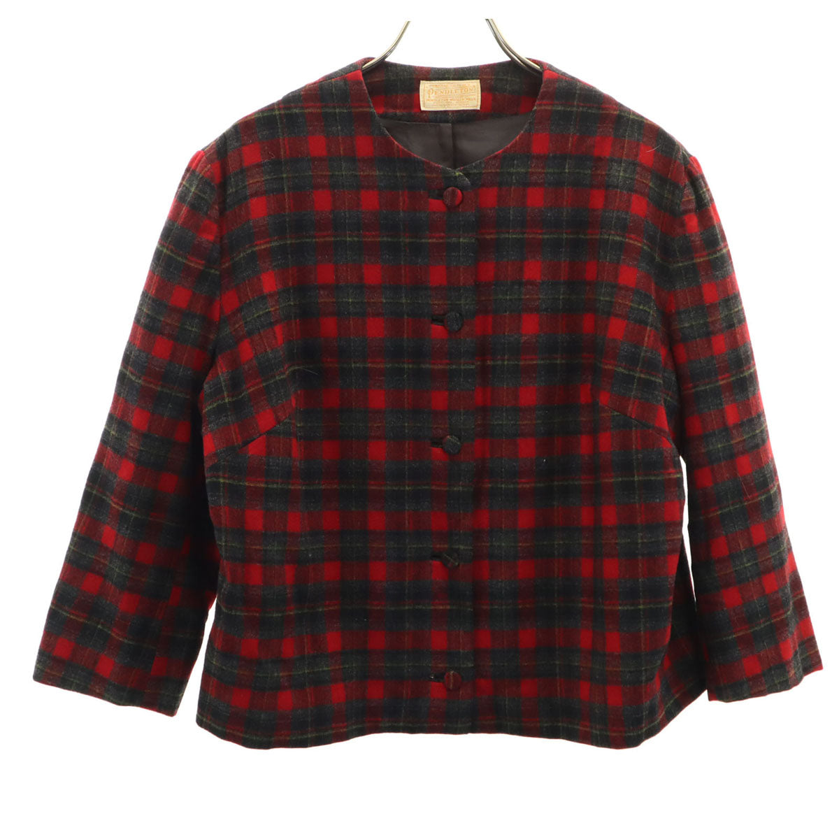 PENDLETON ペンドルトン 50s ウール100% ヴィンテージ チェック柄 7分袖 ノーカラージャケット レッド系 レディース