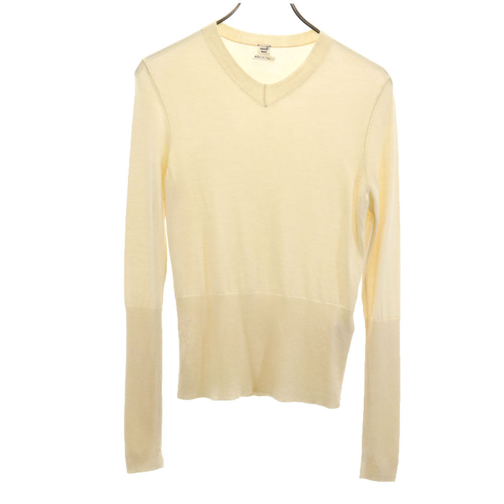 HERMES エルメス イタリア製 カシミヤ 長袖 腹巻きリブ Vネック セーター 38 アイボリー レディース