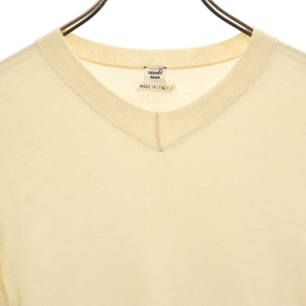 HERMES エルメス イタリア製 カシミヤ 長袖 腹巻きリブ Vネック セーター 38 アイボリー レディース
