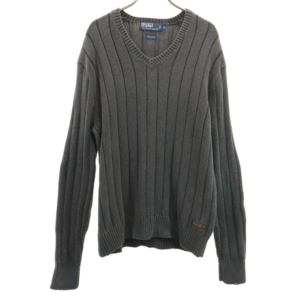 Polo by Ralph Lauren ポロバイラルフローレン 長袖 Vネック ニット M チャコールグレー セーター エルボーパッチ付き メンズ