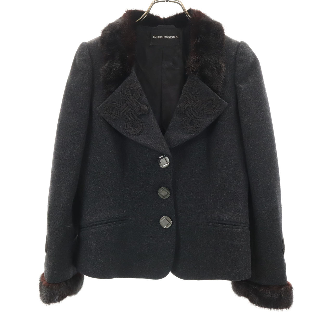 美品 Emporio Armani エンポリオアルマーニ イタリア製 テーラードジャケット 40 ブラック系 ファー付き レディース