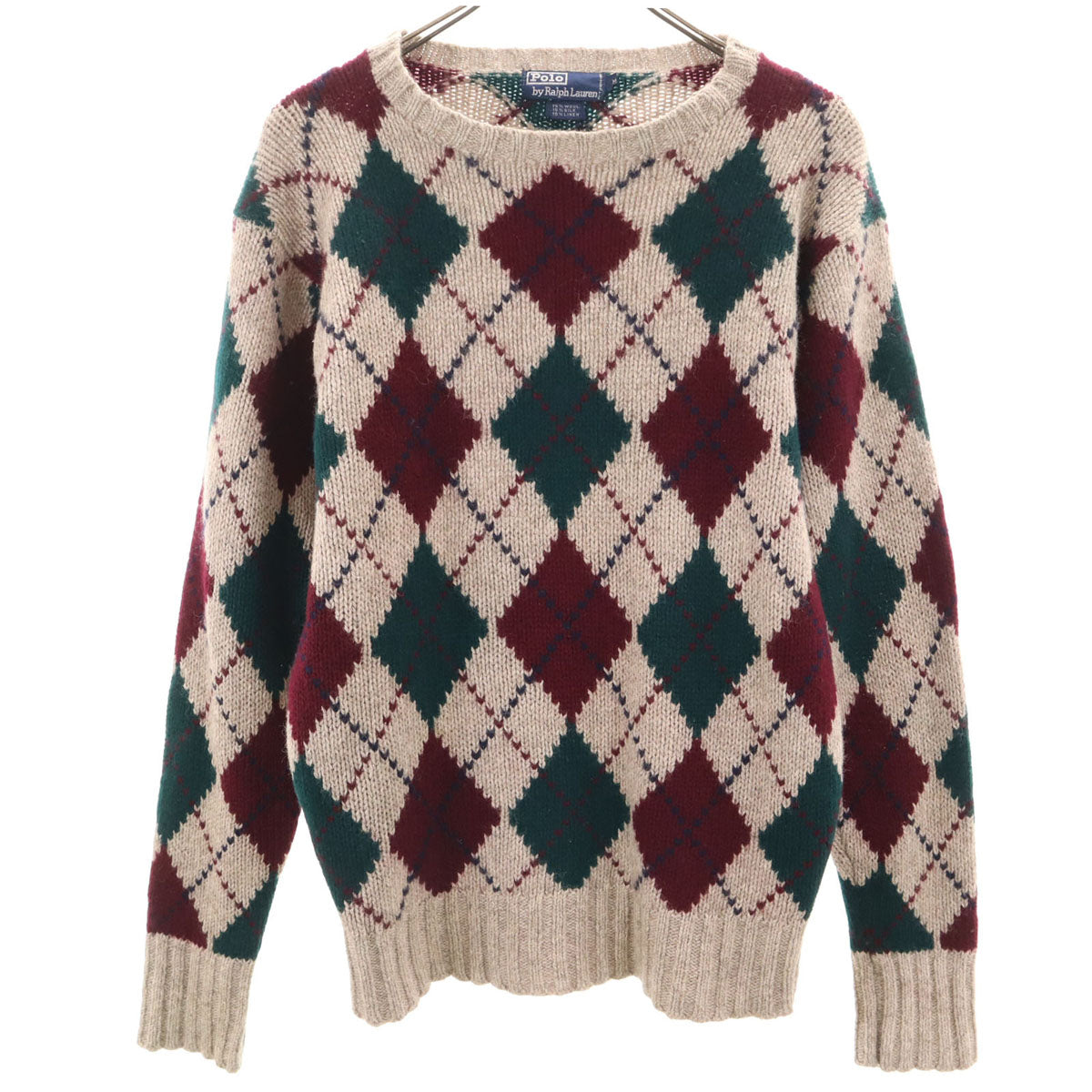 Polo by Ralph Lauren ポロバイラルフローレン 90s シルクリネンブレンド オールド アーガイル柄 長袖 セーター M グレージュ系 ニット メンズ
