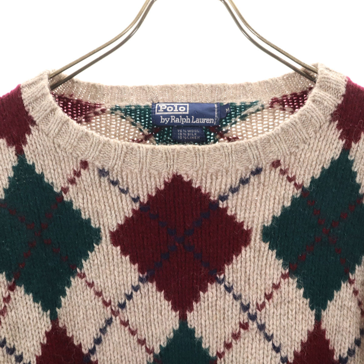 Polo by Ralph Lauren ポロバイラルフローレン 90s シルクリネンブレンド オールド アーガイル柄 長袖 セーター M グレージュ系 ニット メンズ