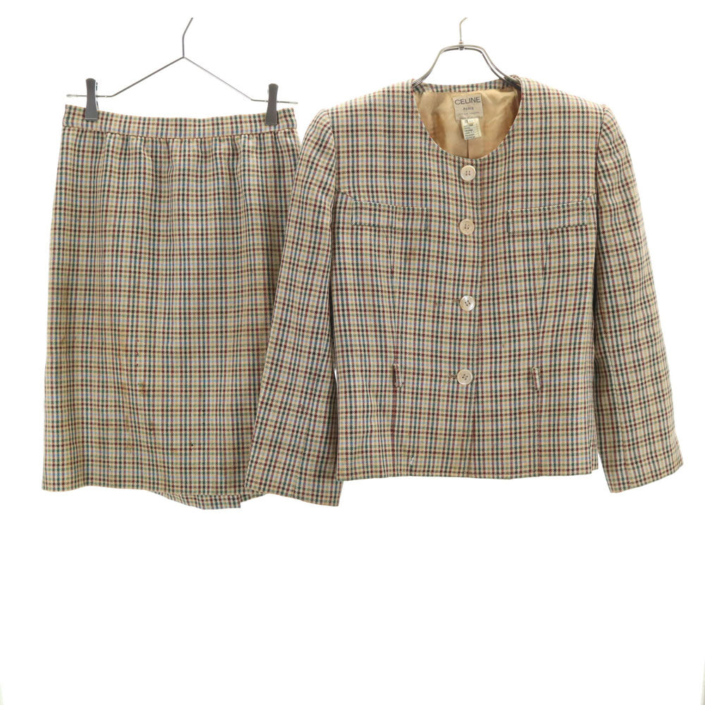 CELINE セリーヌ 80s 90s フランス製 オールド チェック柄 カジュアル スカートスーツ 上下 セットアップ 42 ベージュ レディース