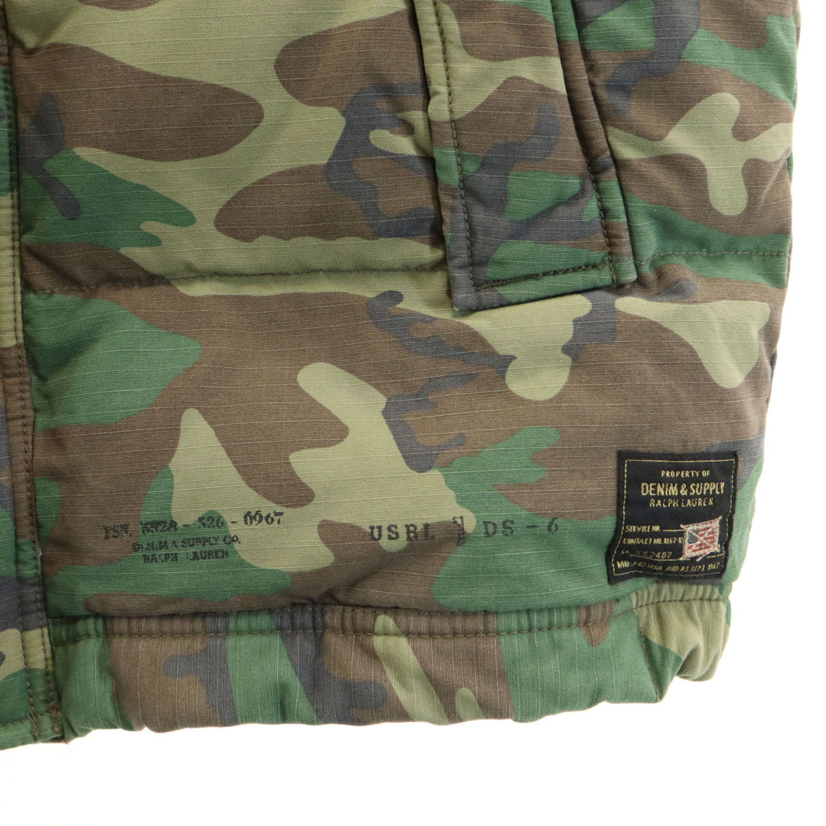 美品 DENIMU&SUPPLY RALPH LAUREN デニムアンドサプライ ラルフローレン 迷彩柄 ダウンベスト S カーキ メンズ
