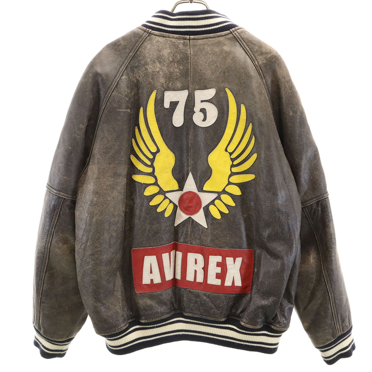 AVIREX VARSITY アヴィレックス バーシティ バックロゴ 牛革 レザー スタジャン XL ダークブラウン 中綿 メンズ