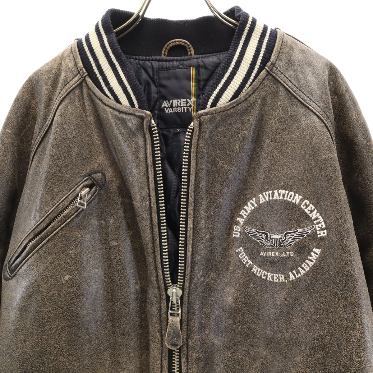 AVIREX VARSITY アヴィレックス バーシティ バックロゴ 牛革 レザー スタジャン XL ダークブラウン 中綿 メンズ
