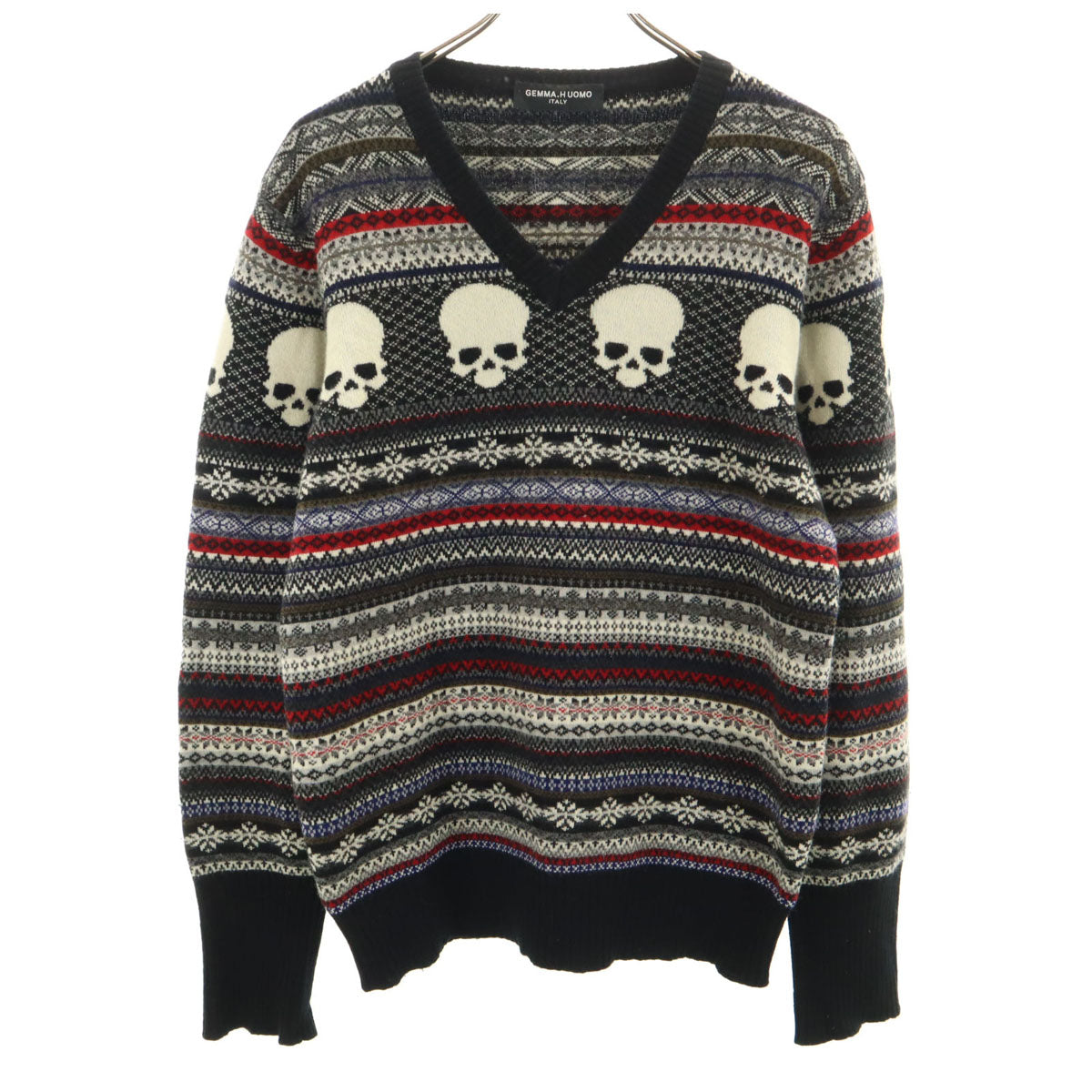 GEMMA.H UOMO ジャンマアッカウォモ イタリア製 ウール 総柄 長袖 Vネック セーター L ブラック系 ニット ドクロ メンズ
