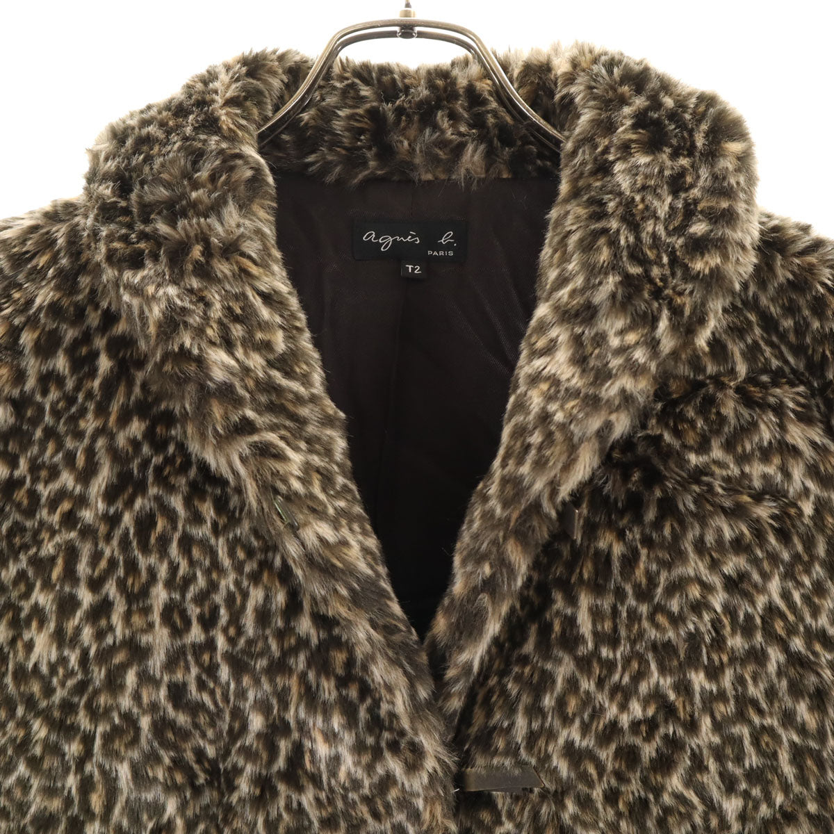 agnes b. アニエスベー 日本製 レオパード フェイクファー ジャケット 2 ベージュ ヒョウ柄 レディース