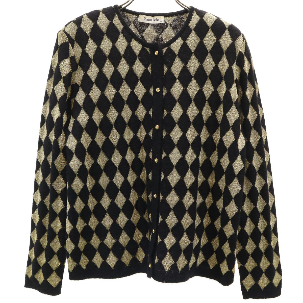美品 Saint Joie サンジョア ダイヤ柄 長袖 ニットカーディガン M ゴールド レディース