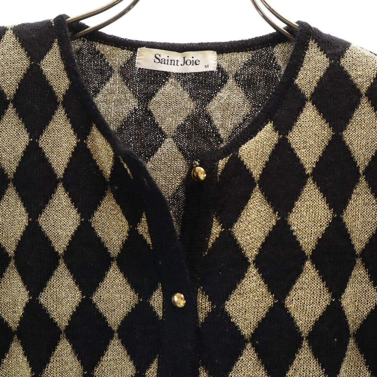 美品 Saint Joie サンジョア ダイヤ柄 長袖 ニットカーディガン M ゴールド レディース