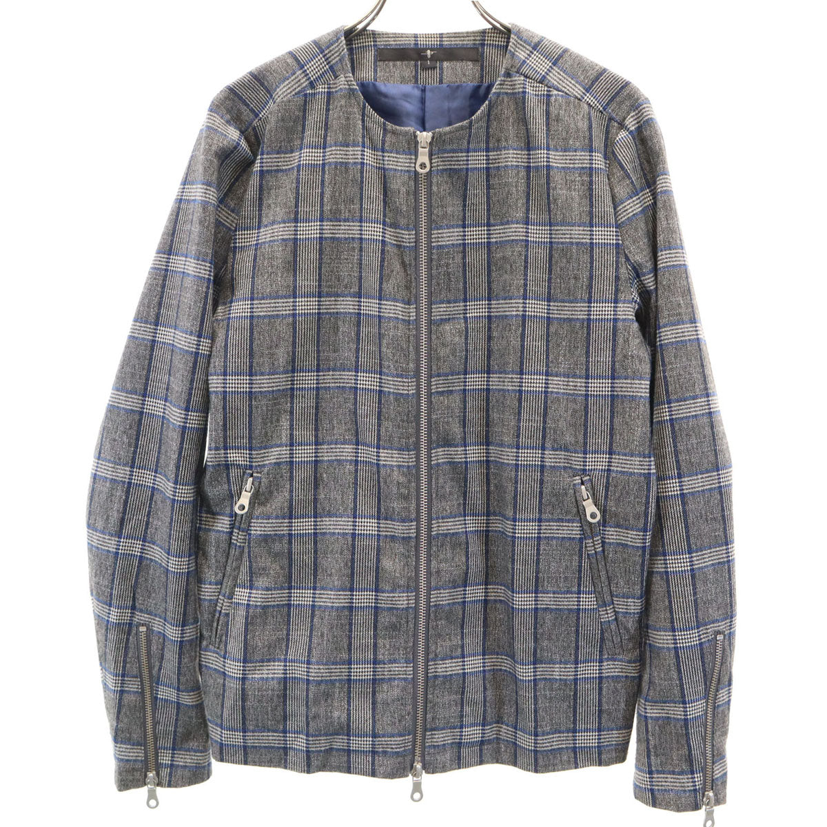 NO ID ノーアイディー グレンチェック ノーカラー ブルゾン 1 グレー ジャケット メンズ