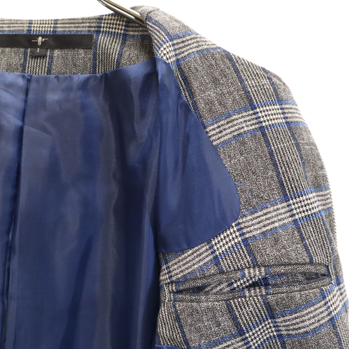 NO ID ノーアイディー グレンチェック ノーカラー ブルゾン 1 グレー ジャケット メンズ