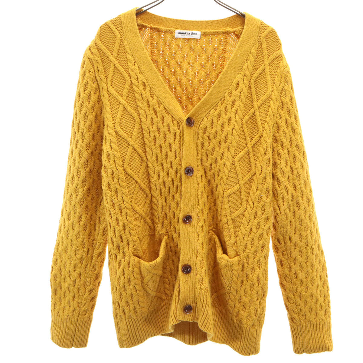 monkey time UNITED ARROWS モンキータイム ユナイテッドアローズ 長袖 Vネック アラン ニットカーディガン M マスタード メンズ