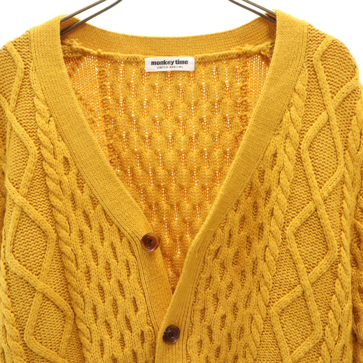 monkey time UNITED ARROWS モンキータイム ユナイテッドアローズ 長袖 Vネック アラン ニットカーディガン M マスタード メンズ