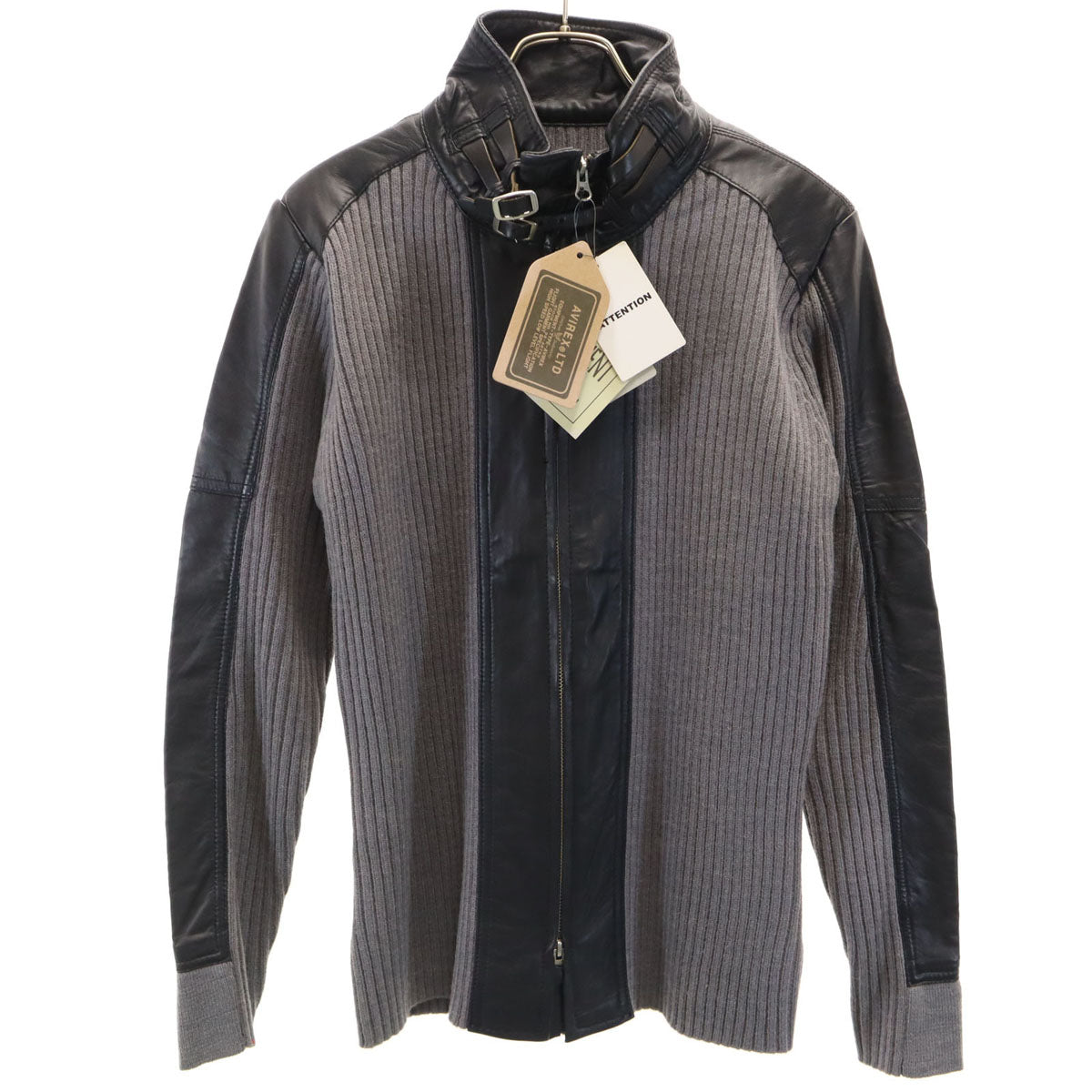 AVIREX アヴィレックス 長袖 切替 ラムレザー カーディガン L グレー ニット メンズ